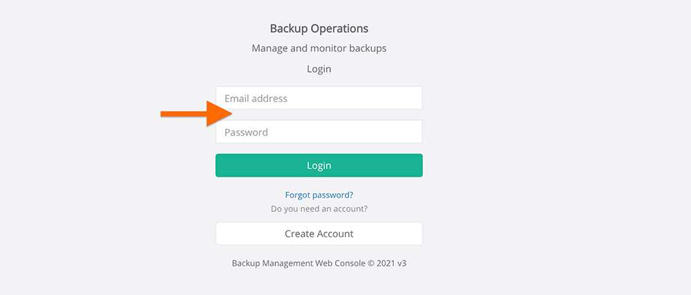 login screen for BackupOps Backup Management Web Console